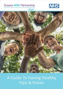 A Guide to Having Healthy Hips & Knees front cover. Five people look down at the camera, holding their hands together one on top of the next, in the middle of a circle.