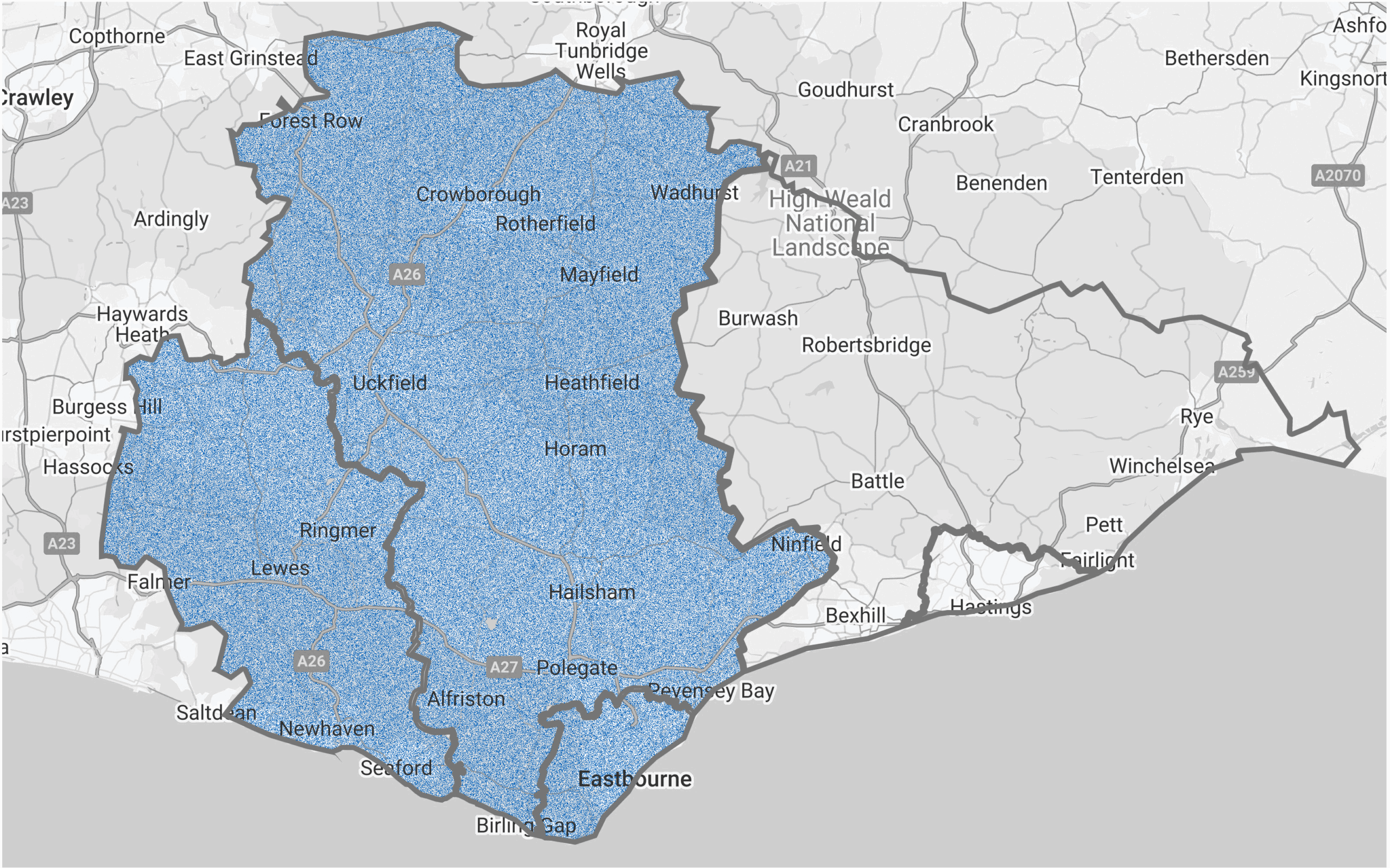 Physiotherapy Self-Referral Map leading to a link to complete the self-referral form. This map highlights Eastbourne, Lewes and Havens, Wealden and Hailsham. Click here to navigate for to the self-referral form if you are registered at a GP practice within these areas.