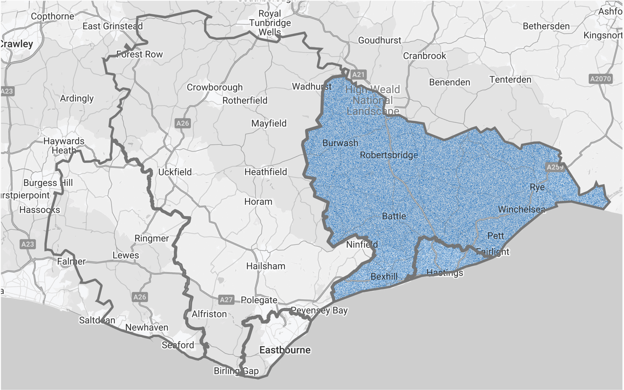 Physiotherapy Self-Referral Map leading to a link to complete the self-referral form. This map highlights the Hastings and Rother areas. Click here to navigate for to the self-referral form if you are registered at a GP practice within these areas.
