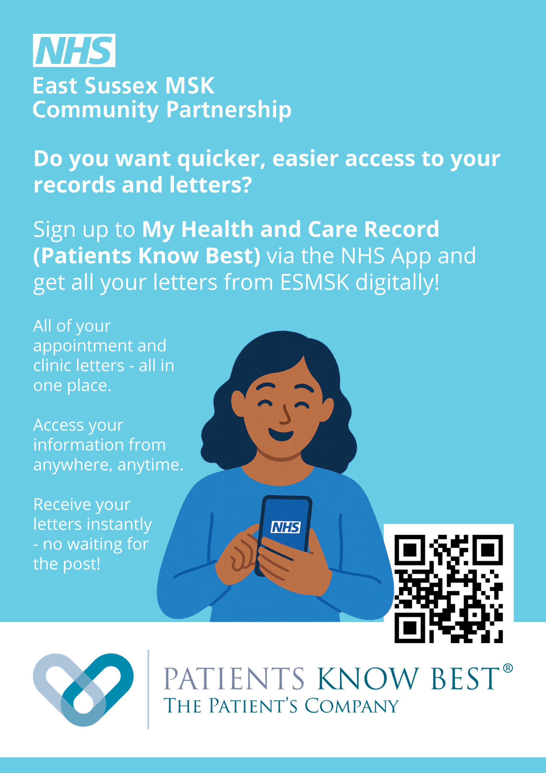Patients Know Best (PKB) Poster - containing a QR code which can be scanned to go directly too the PKB app