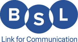 Logo of BSL Link for Communication, the organisation we work with to provide British Sign Language interpreting services. The letters BSL appear in white inside three blue circles.